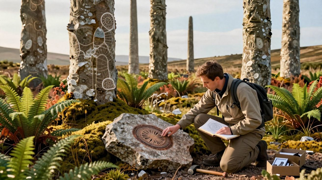 Homem com mochila observa pedra gravada num campo rodeado por troncos altos cobertos de símbolos e vegetação.