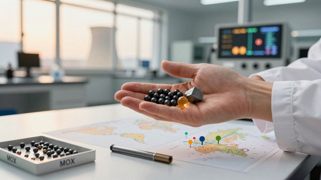 Mão de investigador com esferas pretas e minerais em laboratório com mapa e alfinetes coloridos na mesa.