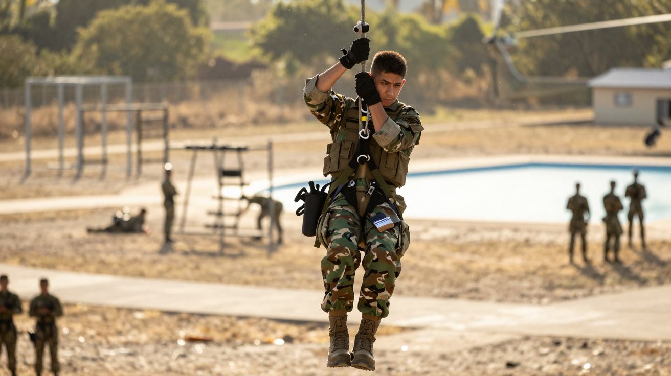Soldado em uniforme camuflado desce por cabo de aço em treino militar ao ar livre.