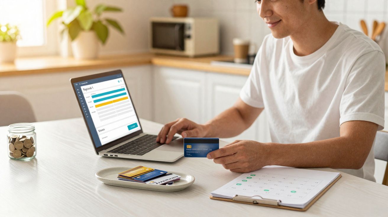 Homem a fazer pagamentos online com cartão de crédito junto a computador e agenda numa mesa de cozinha.