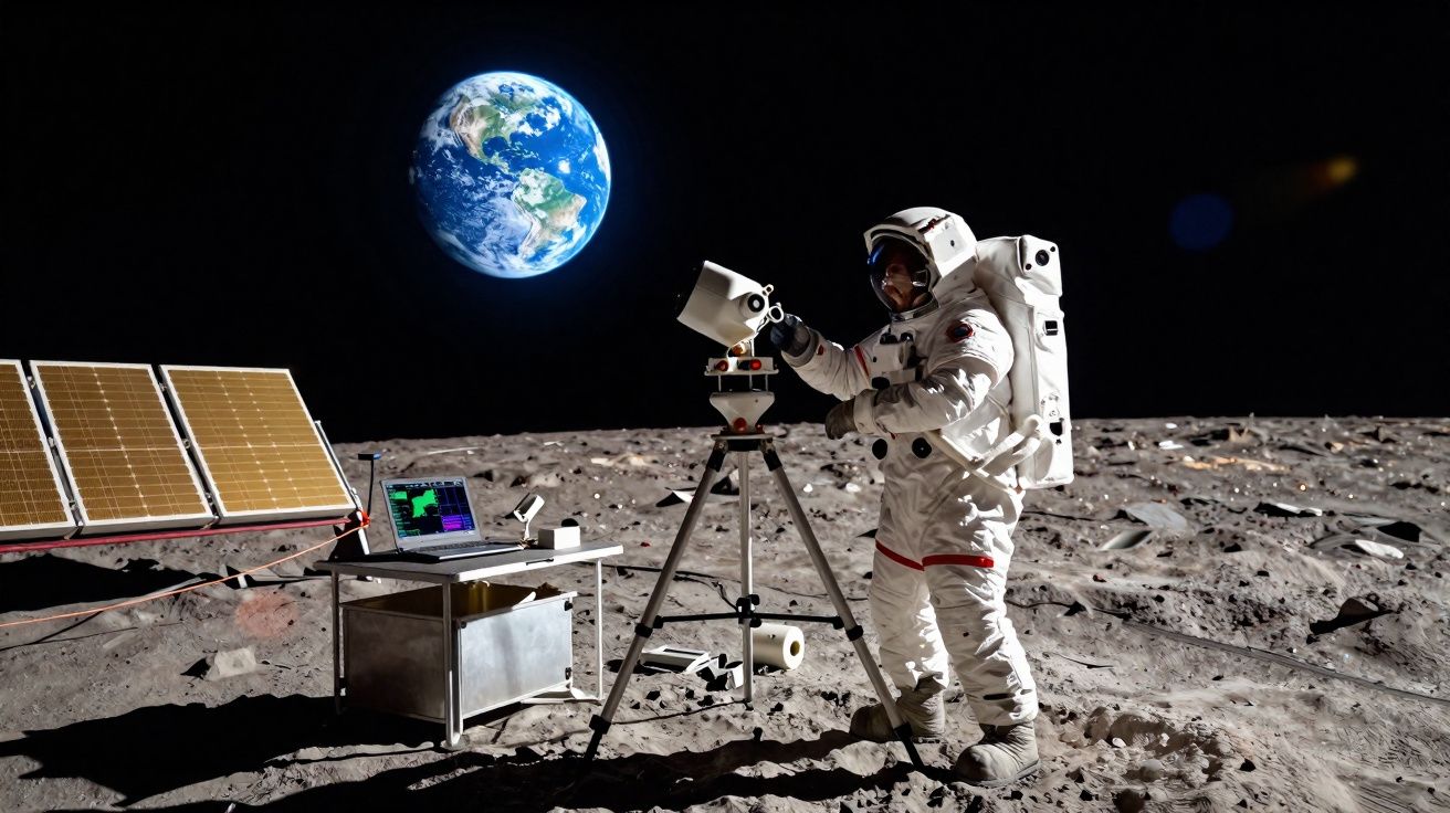 Astronauta na superfície lunar com equipamento científico e a Terra visível ao fundo.