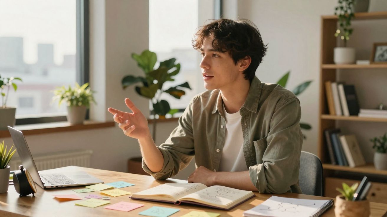 Jovem sentado à mesa, a estudar e a falar, rodeado por cadernos, notas coloridas e plantas numa sala iluminada.