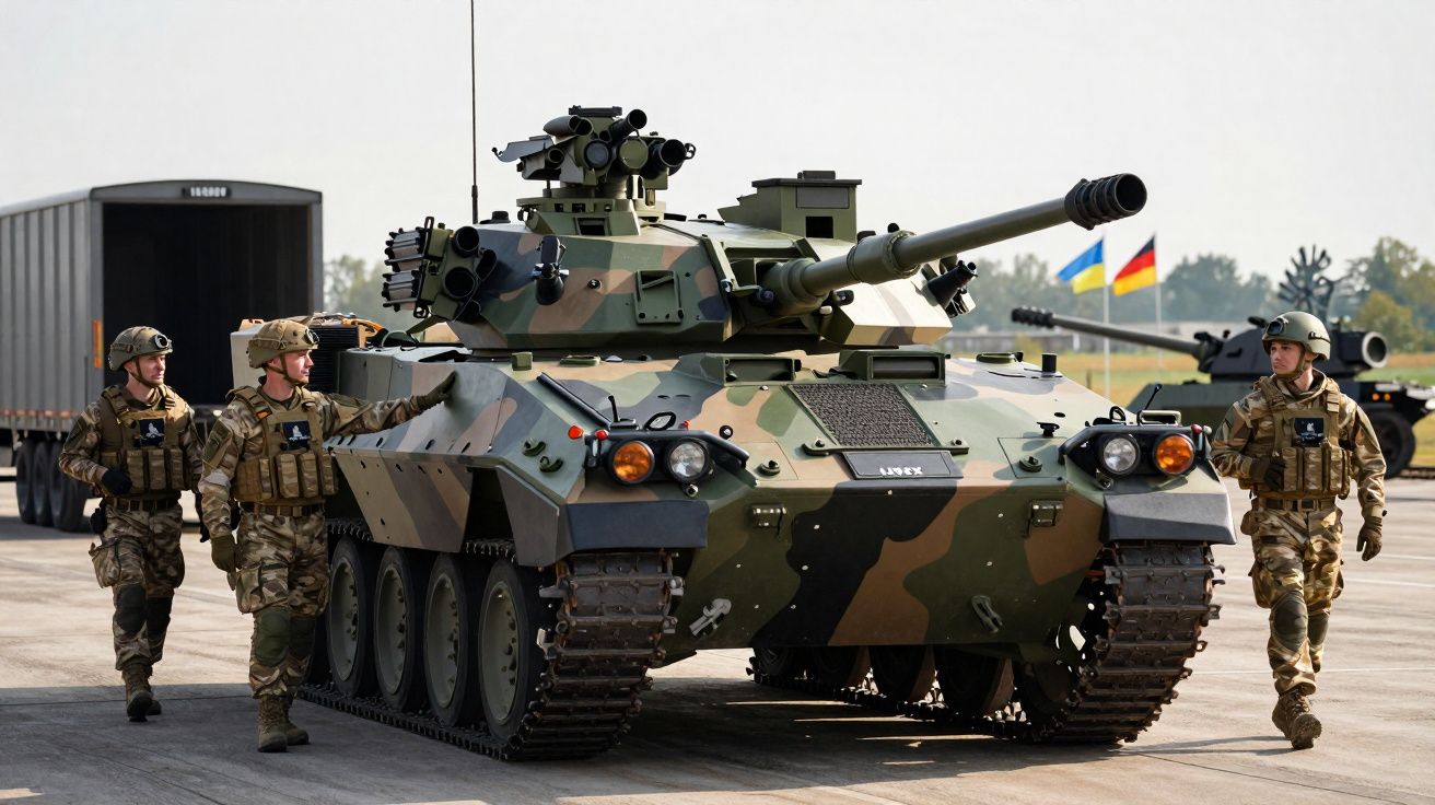 Soldados militares ao lado de veículo blindado e tanque camuflados com bandeiras da Ucrânia e Alemanha ao fundo.