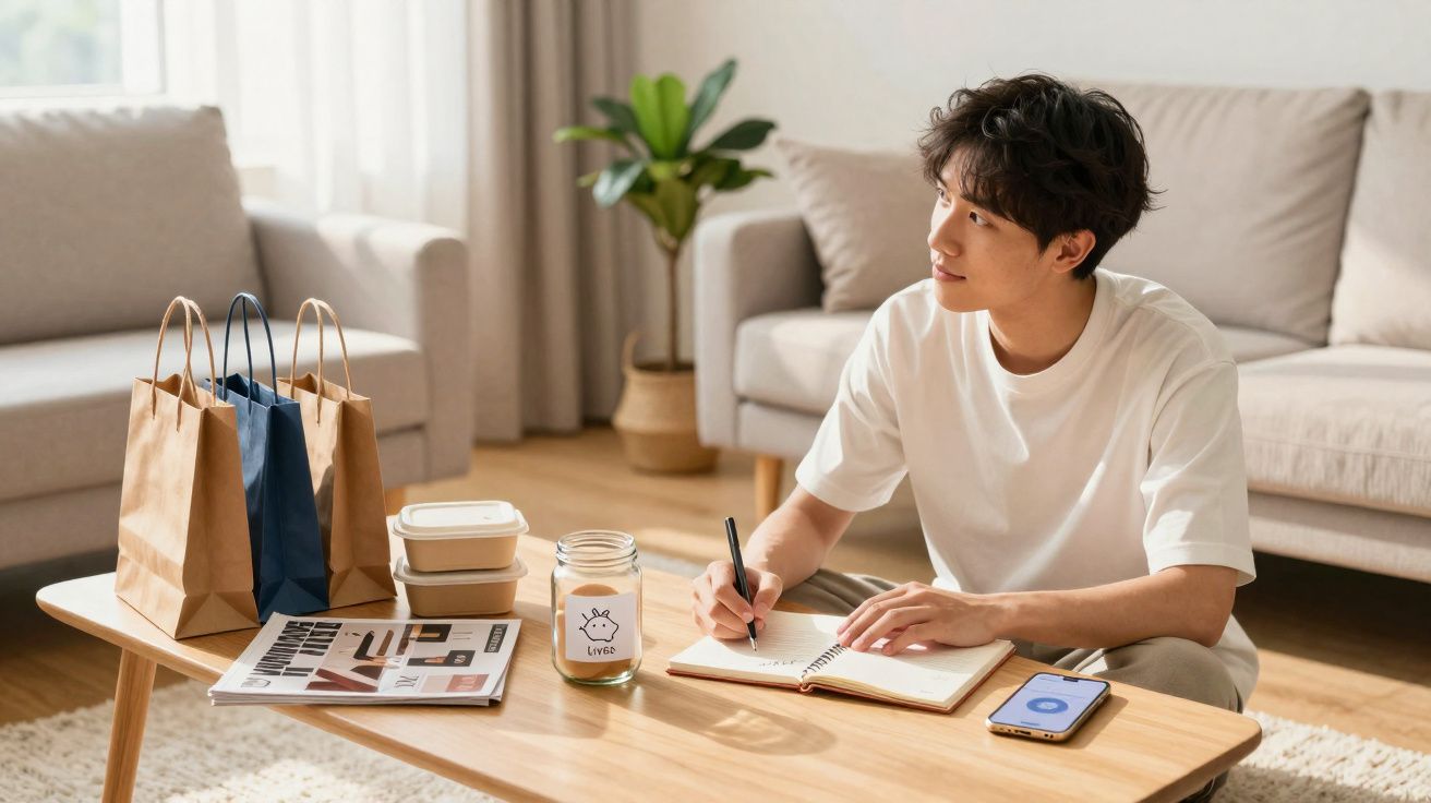 Homem sentado numa sala moderna, a escrever num caderno junto a sacos de compras e um telemóvel numa mesa de madeira.