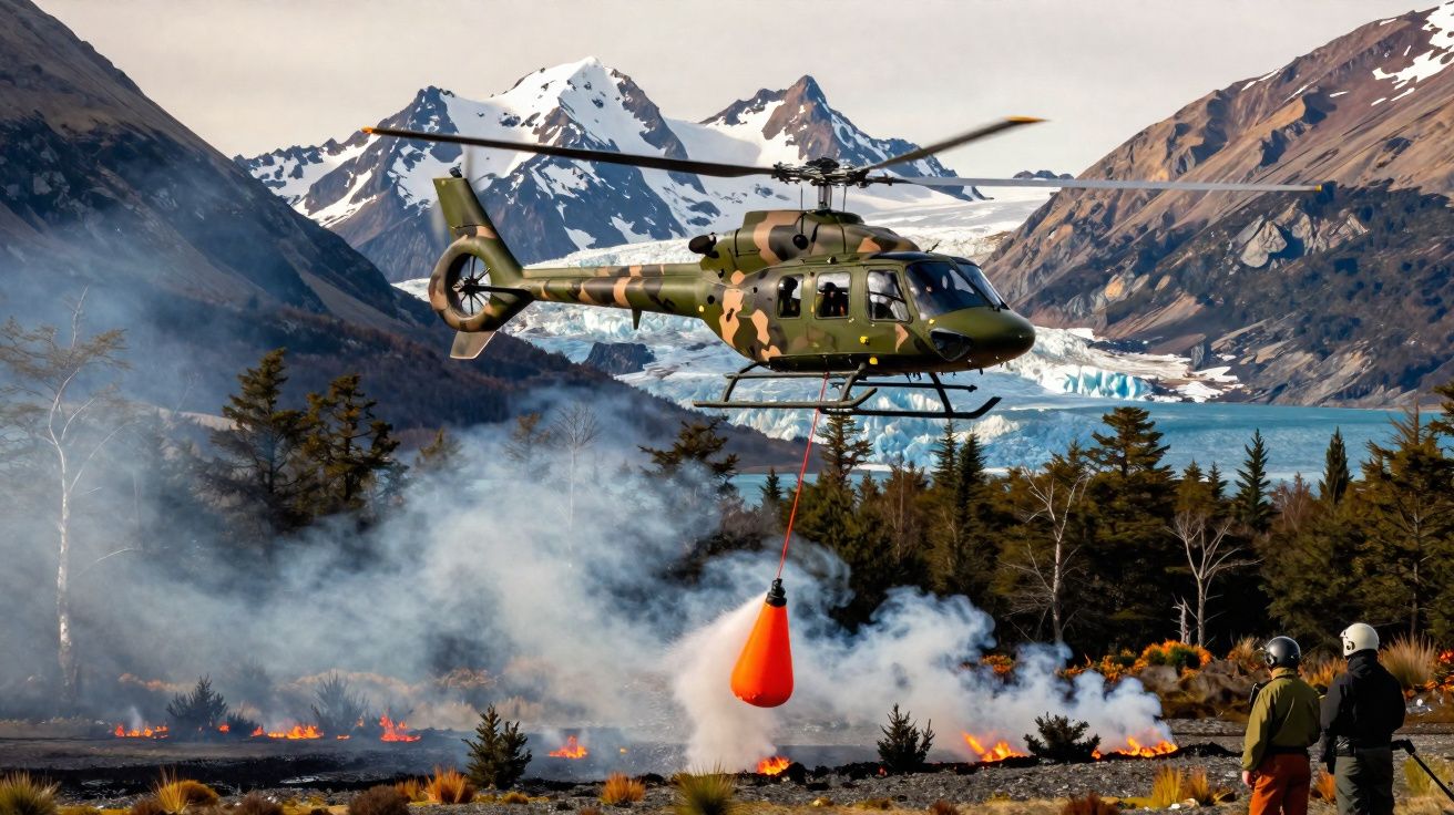 Helicóptero militar a combater um incêndio florestal numa área montanhosa com geleira ao fundo.