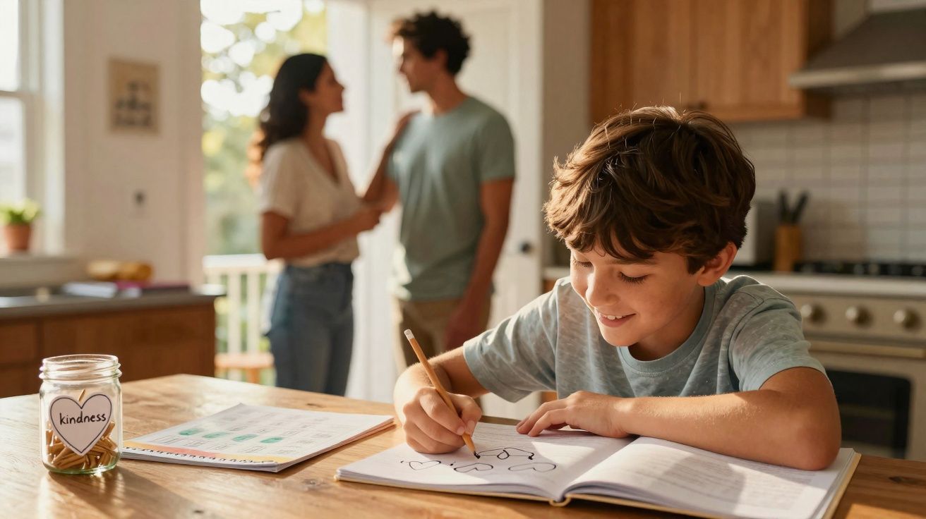 Criança a desenhar feliz à mesa da cozinha, com casal a conversar desfocado ao fundo.