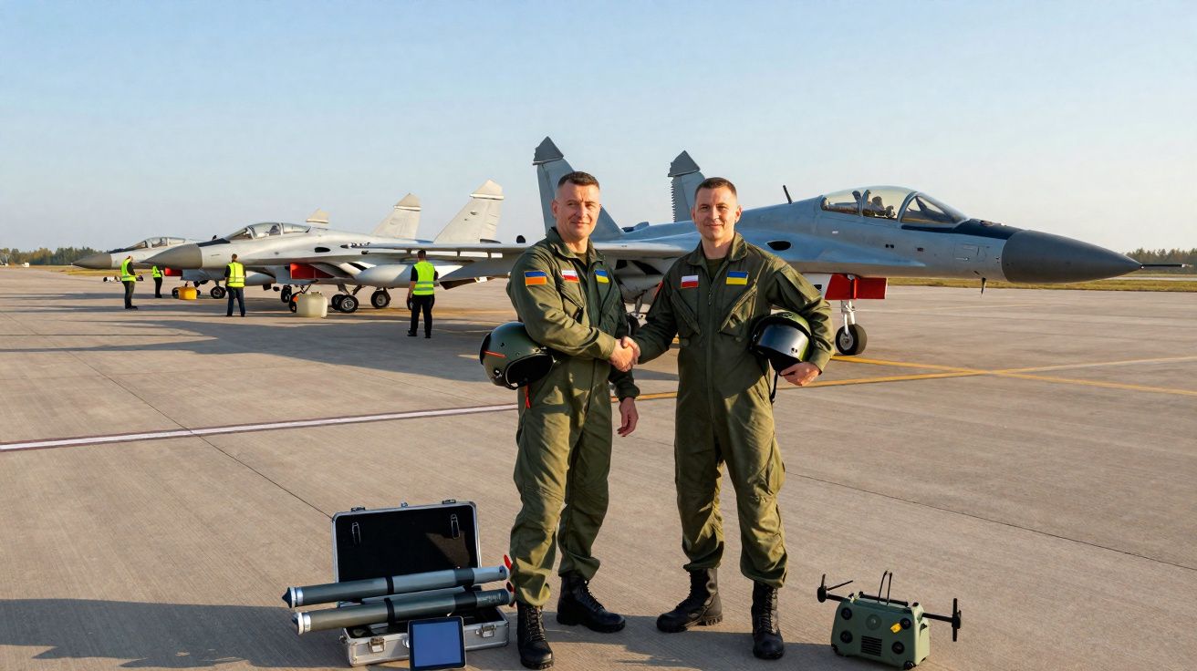 Dois pilotos militares apertam as mãos ao lado de aviões de caça num aeródromo ensolarado.