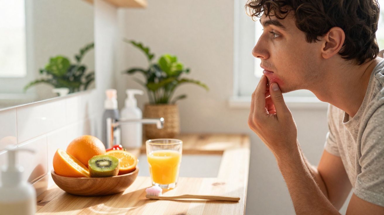 Homem jovem a olhar para a pele do rosto numa casa de banho com frutas e sumo na bancada.