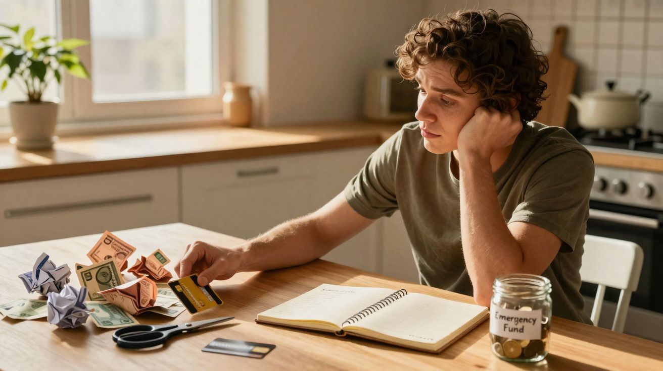 Homem preocupado a contar dinheiro e cartões na mesa da cozinha, com caderno e frasco de fundo de emergência.