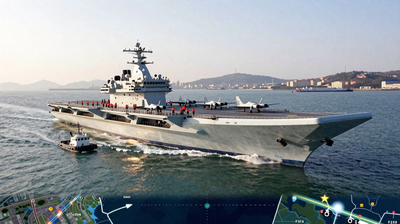 Porta-aviões cinzento em mar calmo com aviões na pista e costa ao fundo ao entardecer.