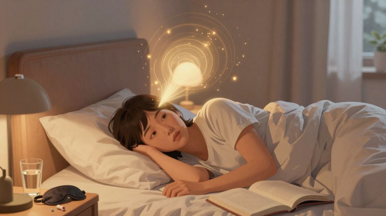 Pessoa deitada na cama a olhar para um livro aberto, com luzes imaginárias saindo da cabeça.