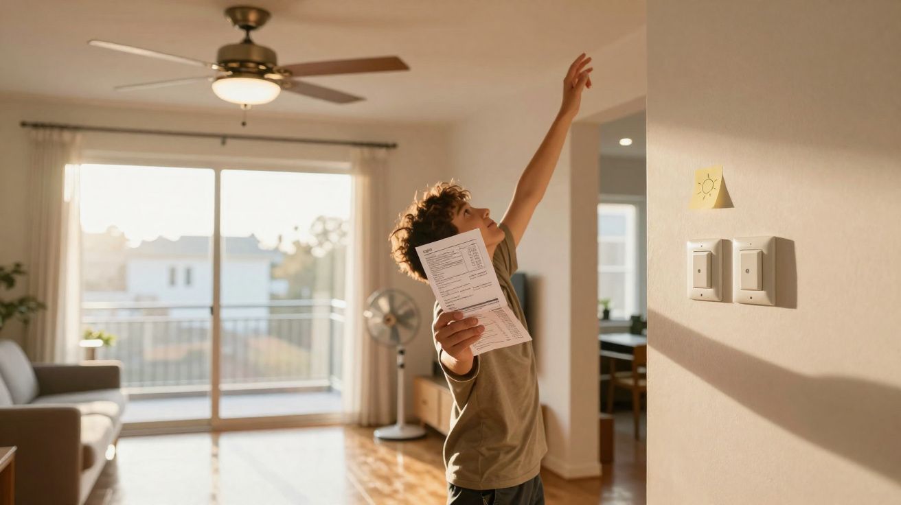 Criança numa sala a apontar um interruptor de luz segurando uma fatura doméstica.