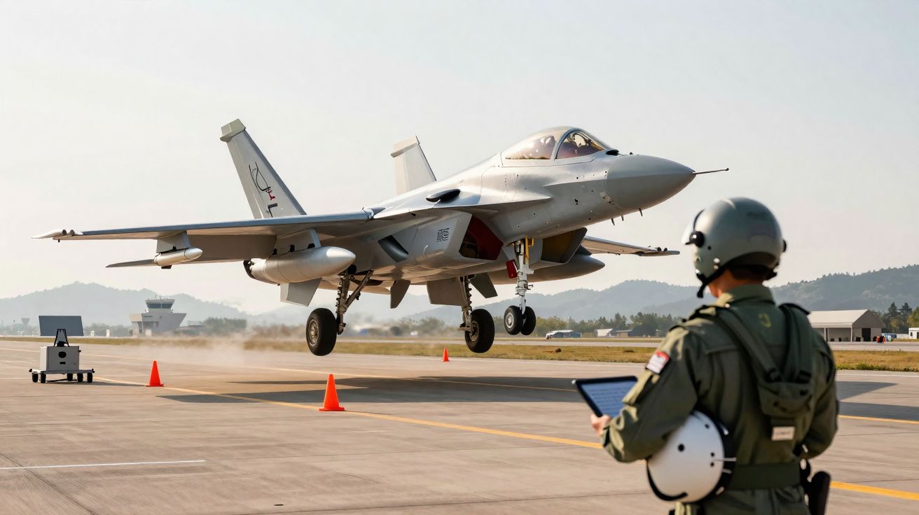 Caça militar a descolar numa pista de aeroporto com piloto em primeiro plano a controlar operações.