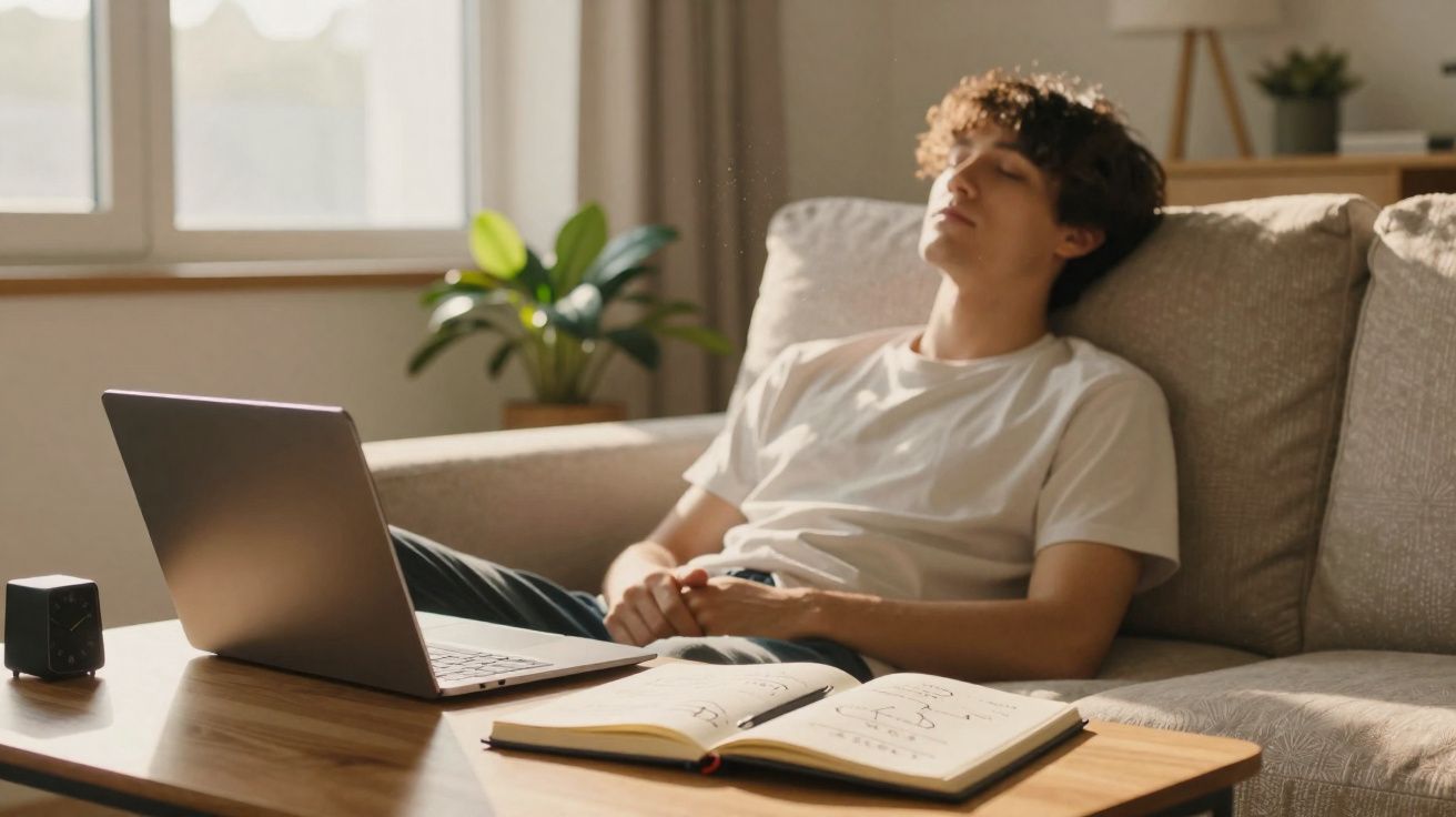 Jovem sentado no sofá com os olhos fechados, ao lado de um portátil e um caderno aberto sobre a mesa.