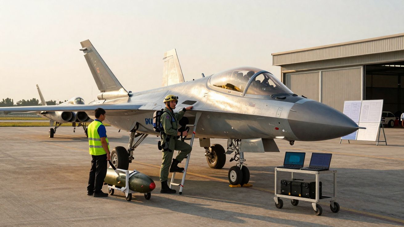 Caça militar estacionado em pista com piloto a subir escada e técnico de colete amarelo ao lado.