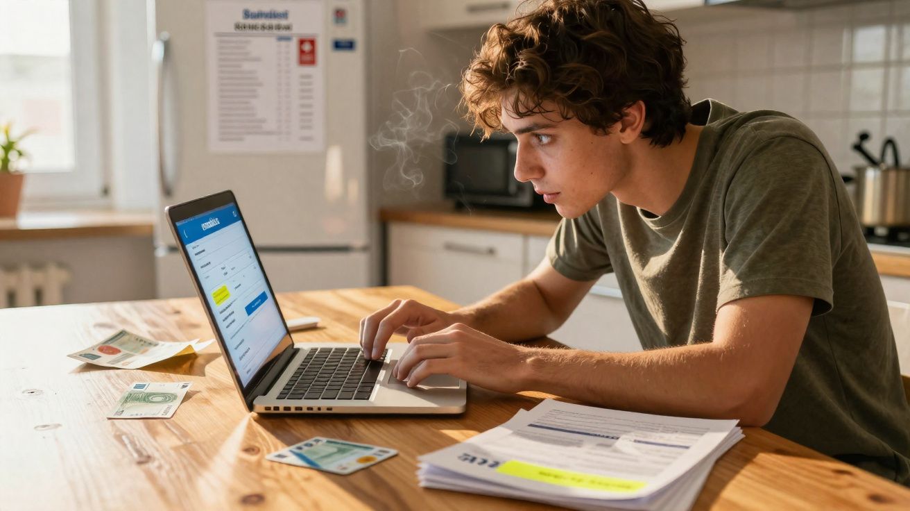 Jovem concentrado a usar computador portátil numa cozinha, com dinheiro e documentos sobre a mesa.