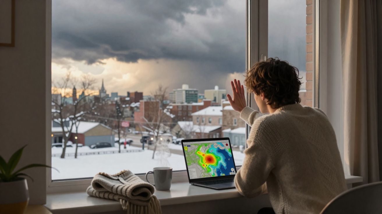 Pessoa sentada junto a uma janela, com laptop a mostrar mapa meteorológico e vista urbana coberta de neve.