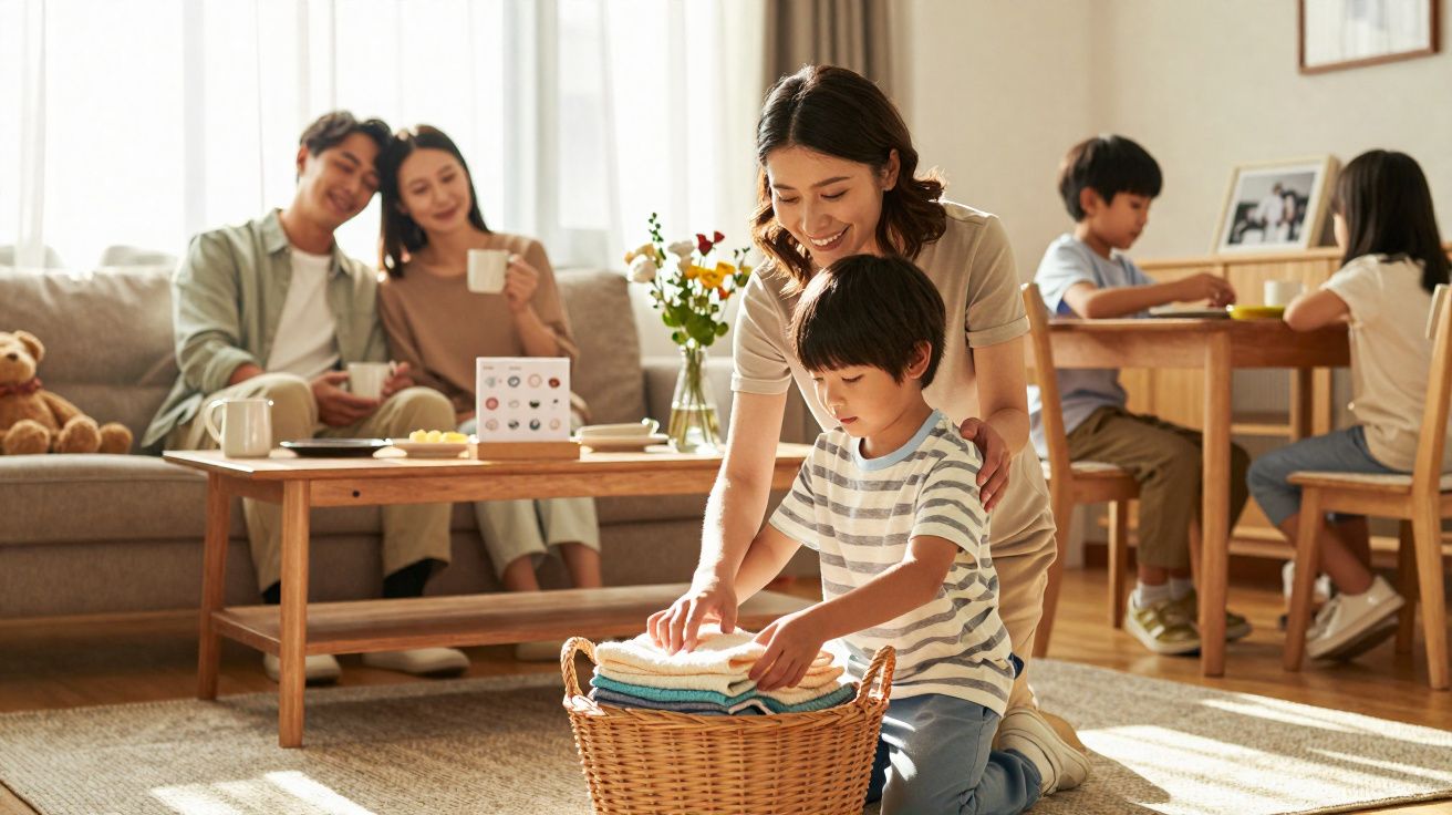 Criança dobra roupa com ajuda da mãe, enquanto adultos e mais crianças conversam e brincam em sala iluminada.