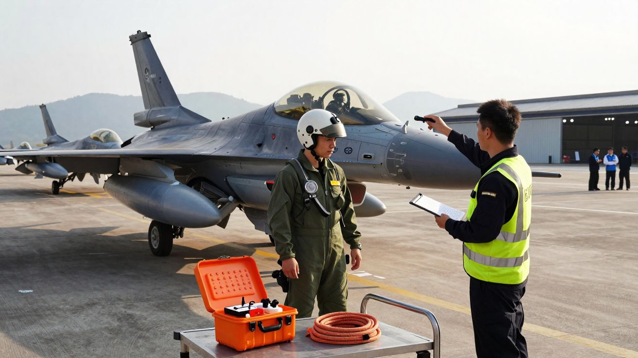 Dois militares junto a um caça no aeroporto, um com fato de piloto e outro com colete refletor a usar rádio.