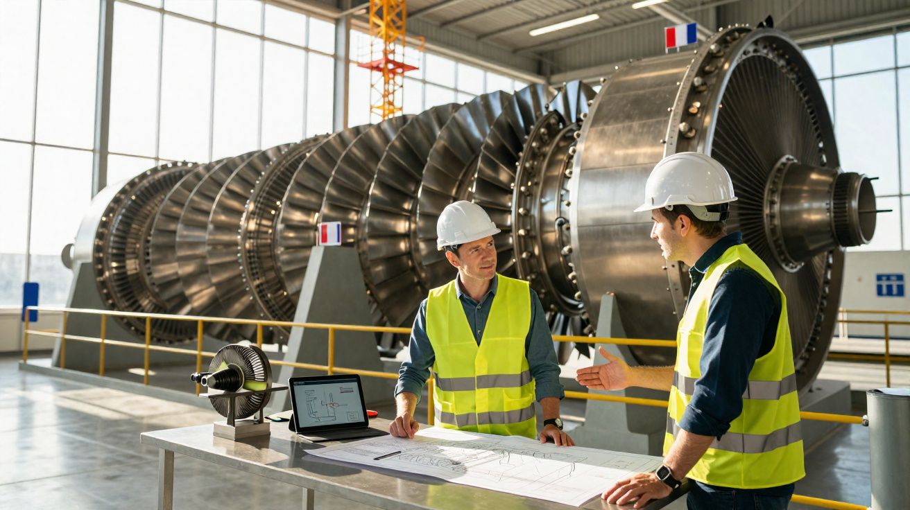 Dois engenheiros com coletes e capacetes a discutir projetos junto a uma turbina industrial numa fábrica.