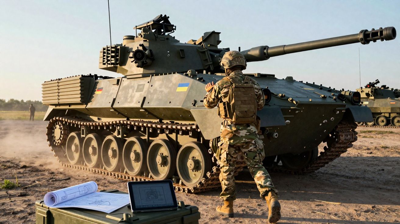 Soldado junto a tanque militar com bandeira da Ucrânia, equipamento militar e mapas sobre caixa no chão.