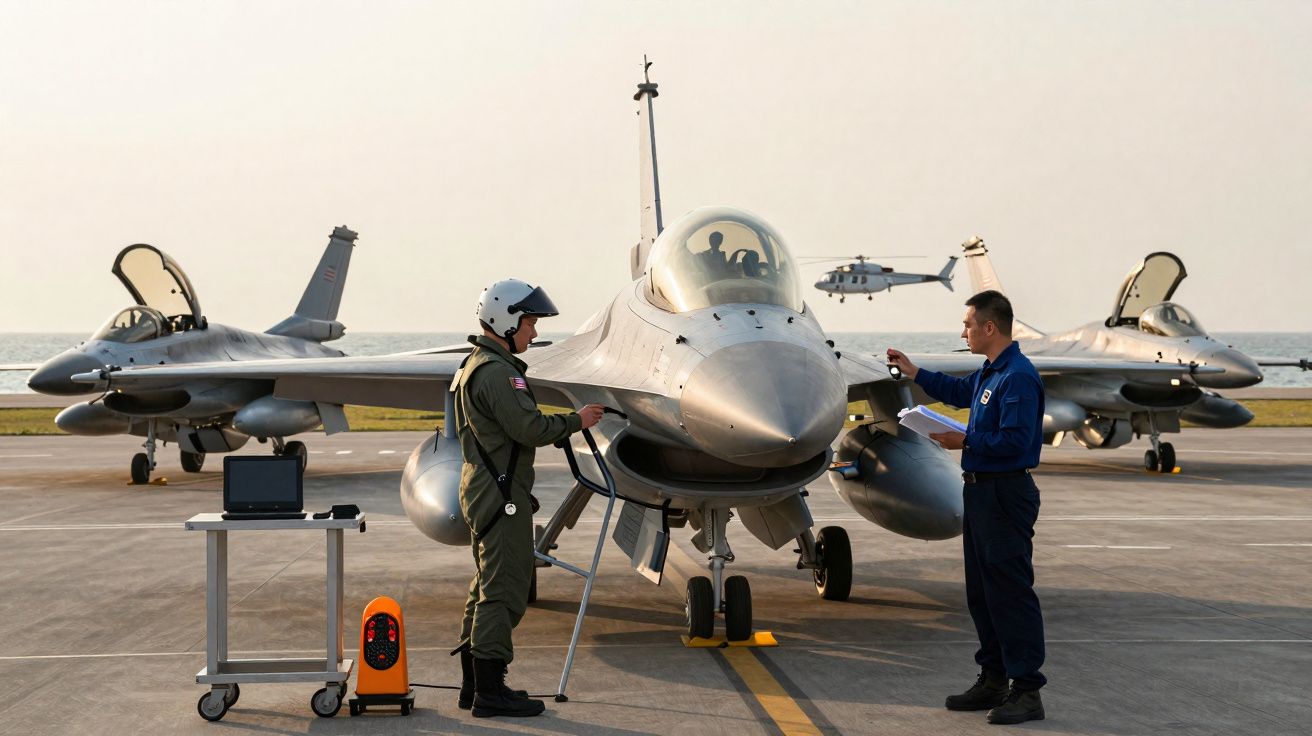 Dois militares inspecionam jato F-16 na pista, com mais dois aviões e um helicóptero ao fundo, ao pôr do sol.