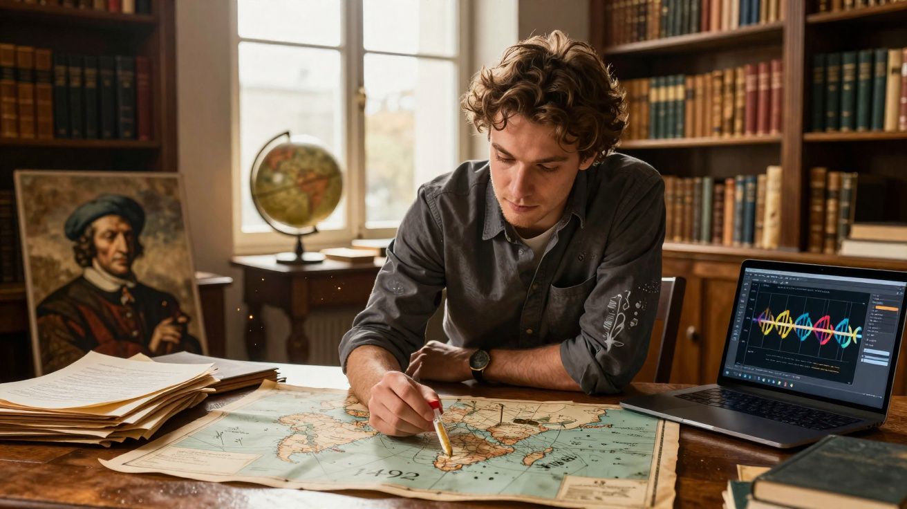 Homem jovem a analisar um mapa antigo numa biblioteca com livros, laptop e retrato antigo ao fundo.