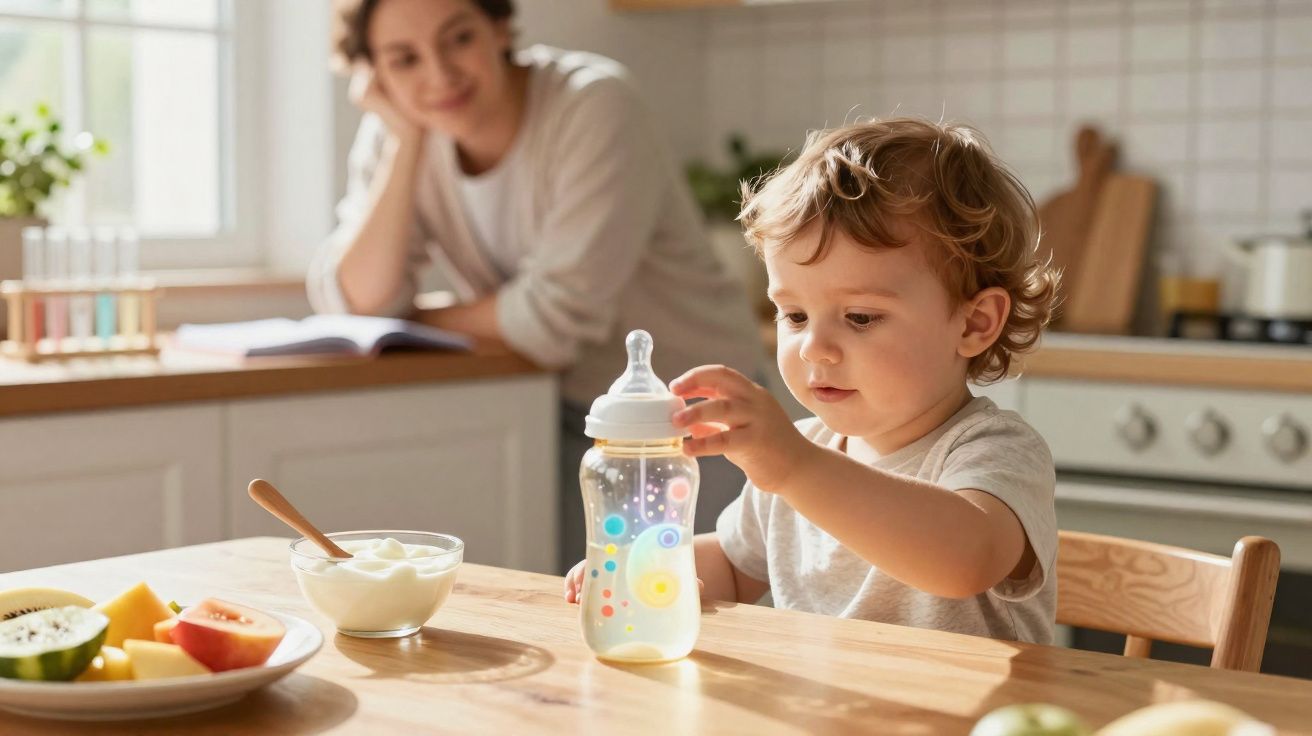 Criança sentada à mesa a segurar um biberão com uma mulher ao fundo a observar sorridente.