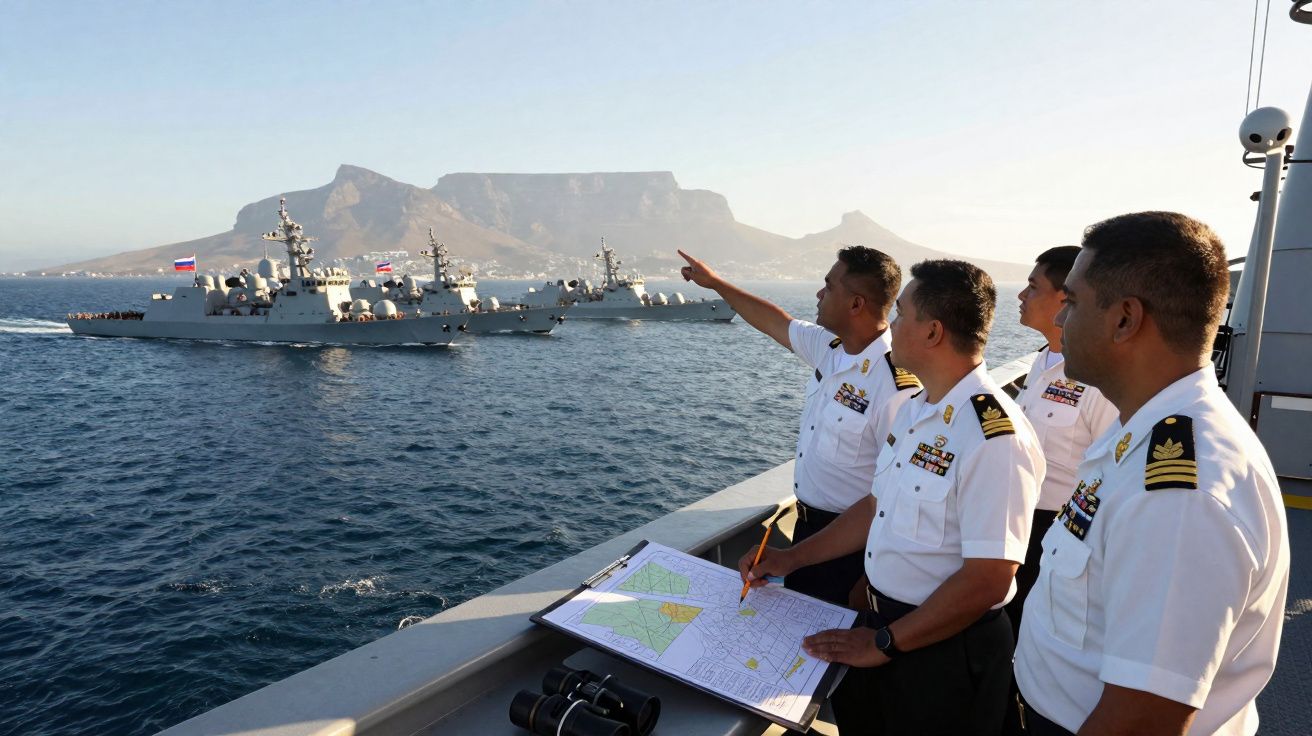 Quatro marinheiros a bordo de um navio operacional apontam para três navios de guerra no mar com uma montanha ao fundo.
