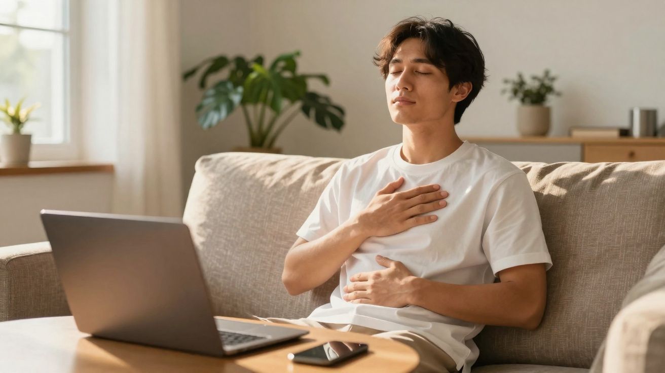 Jovem sentado no sofá com olhos fechados, mãos sobre o peito e abdómen, aparentando relaxamento.