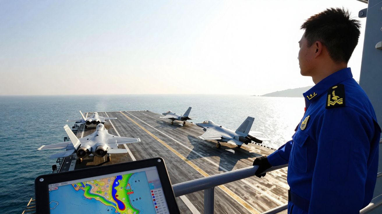 Homem em uniforme naval observa porta-aviões com três caças estacionados no convés ao pôr do sol.