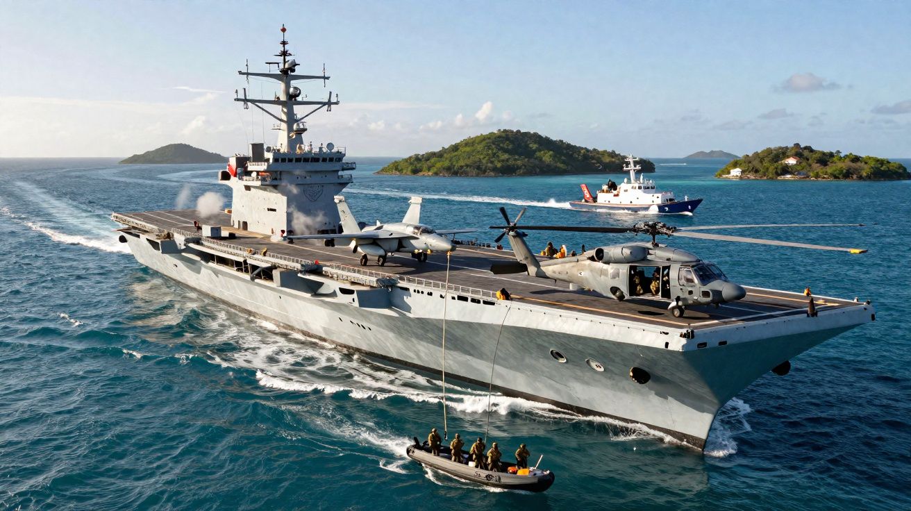 Porta-aviões militar no mar com helicóptero e avião na pista, e barco pequeno com soldados a subir cordas.
