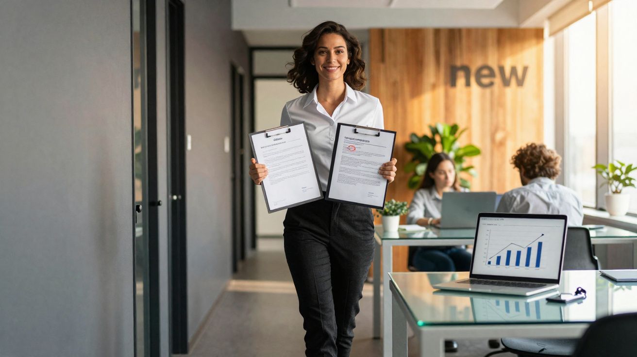Mulher sorridente segura documentos em pranchetas num escritório moderno com colegas ao fundo.