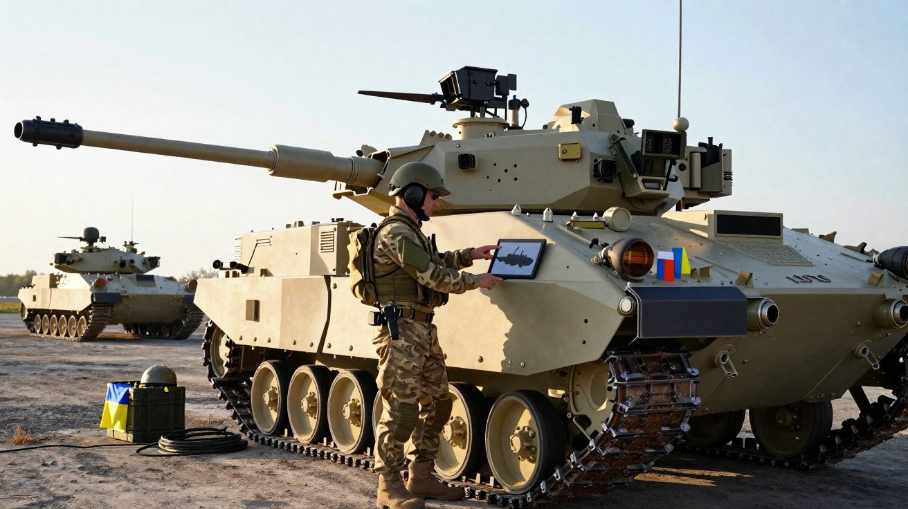 Soldado junto a tanque blindado numa área aberta com outro tanque ao fundo.