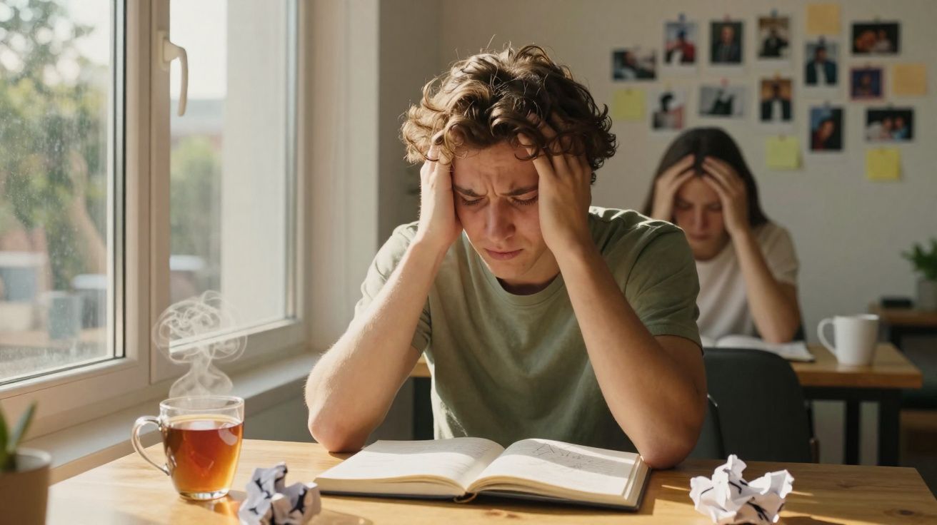 Jovem sentado à mesa com expressão preocupada, mãos na cabeça, a ler livro, com chá e papel amassado perto.