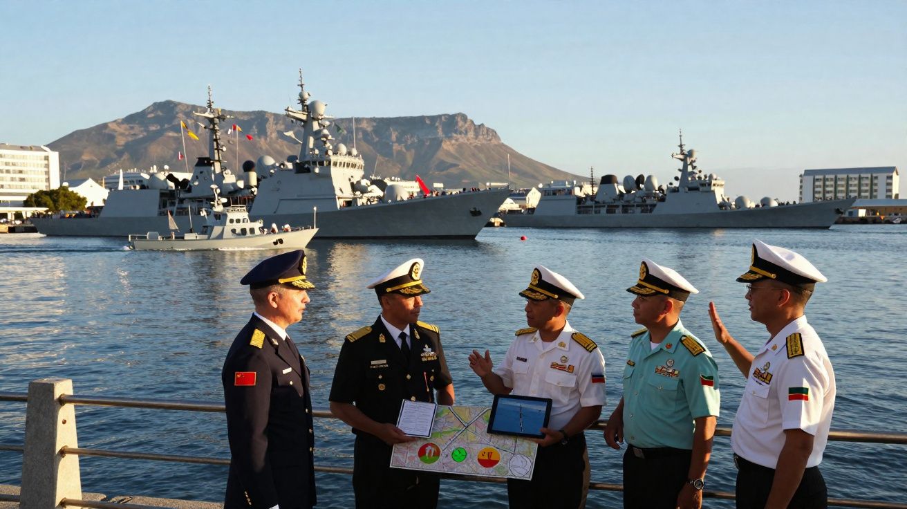 Cinco militares em uniformes diferentes discutem junto a um porto com navios de guerra e uma montanha ao fundo.