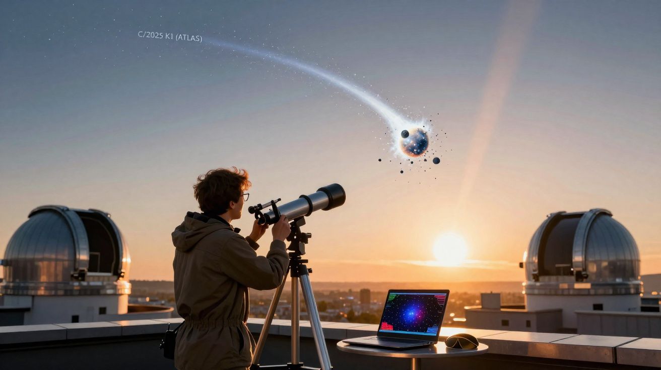 Pessoa observa com telescópio o céu ao pôr do sol, com cometa C/2025 K1 (ATLAS) visível no horizonte.