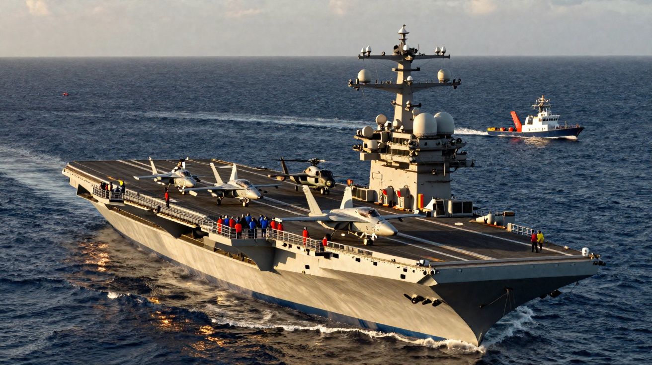 Porta-aviões militar no oceano com vários aviões e tripulantes a bordo, acompanhada por um rebocador.