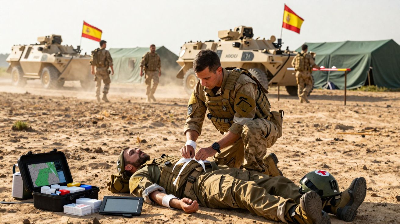 Soldado a prestar primeiros socorros a militar ferido num acampamento militar com veículos e bandeiras de Espanha.