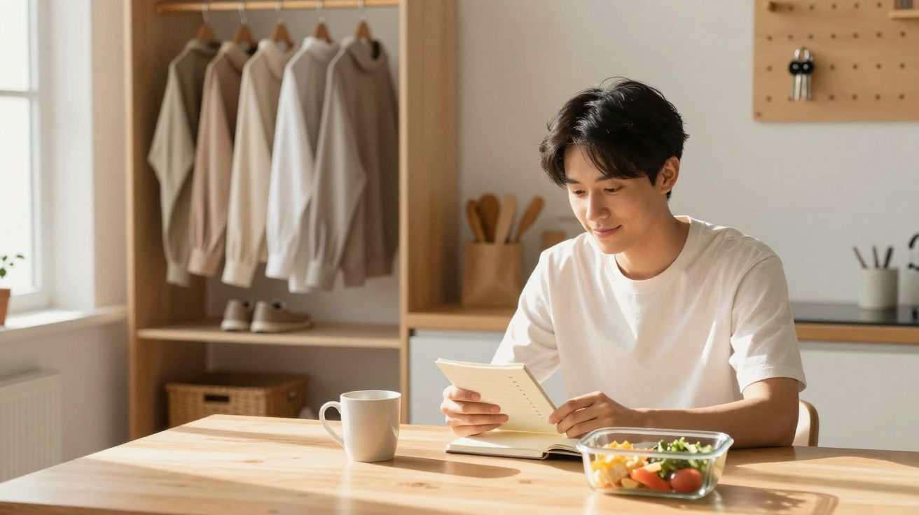 Jovem sentado à mesa a ler um livro com uma taça de salada e uma caneca à sua frente numa sala iluminada.