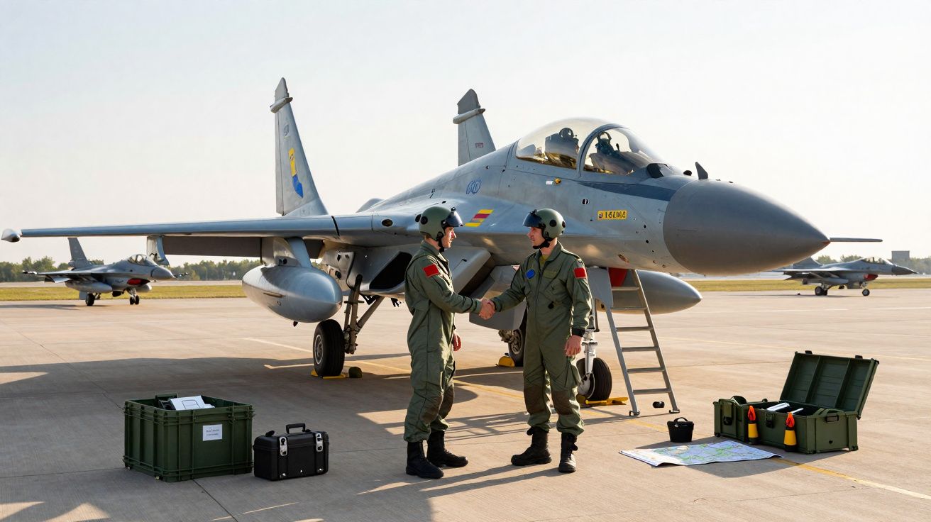 Dois pilotos de caça apertam as mãos ao lado de um avião militar estacionado na pista.