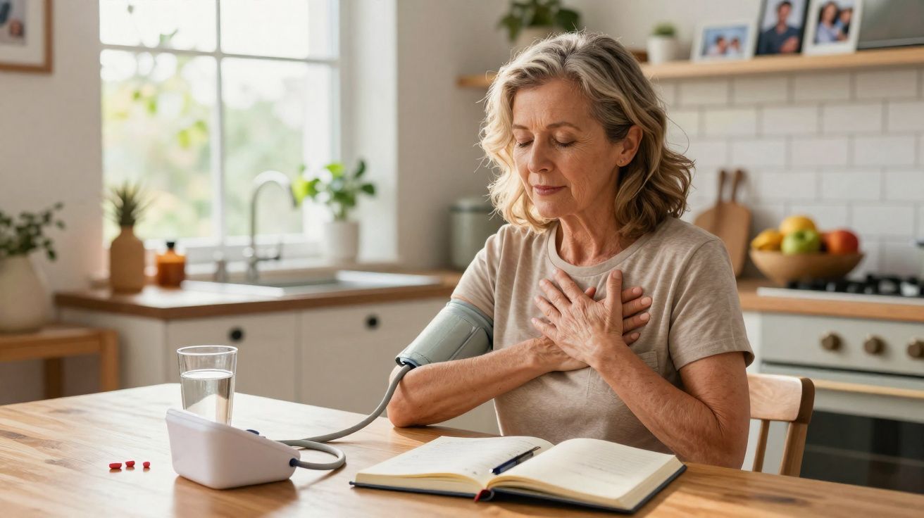 Mulher de meia-idade sentada na cozinha com medidor de pressão, mãos no peito e livro aberto à sua frente.