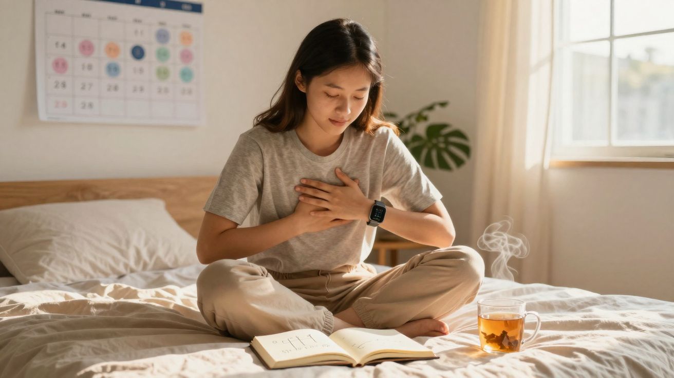 Mulher sentada na cama a fazer exercícios respiratórios, com livro aberto e chá quente a fumegar ao lado.