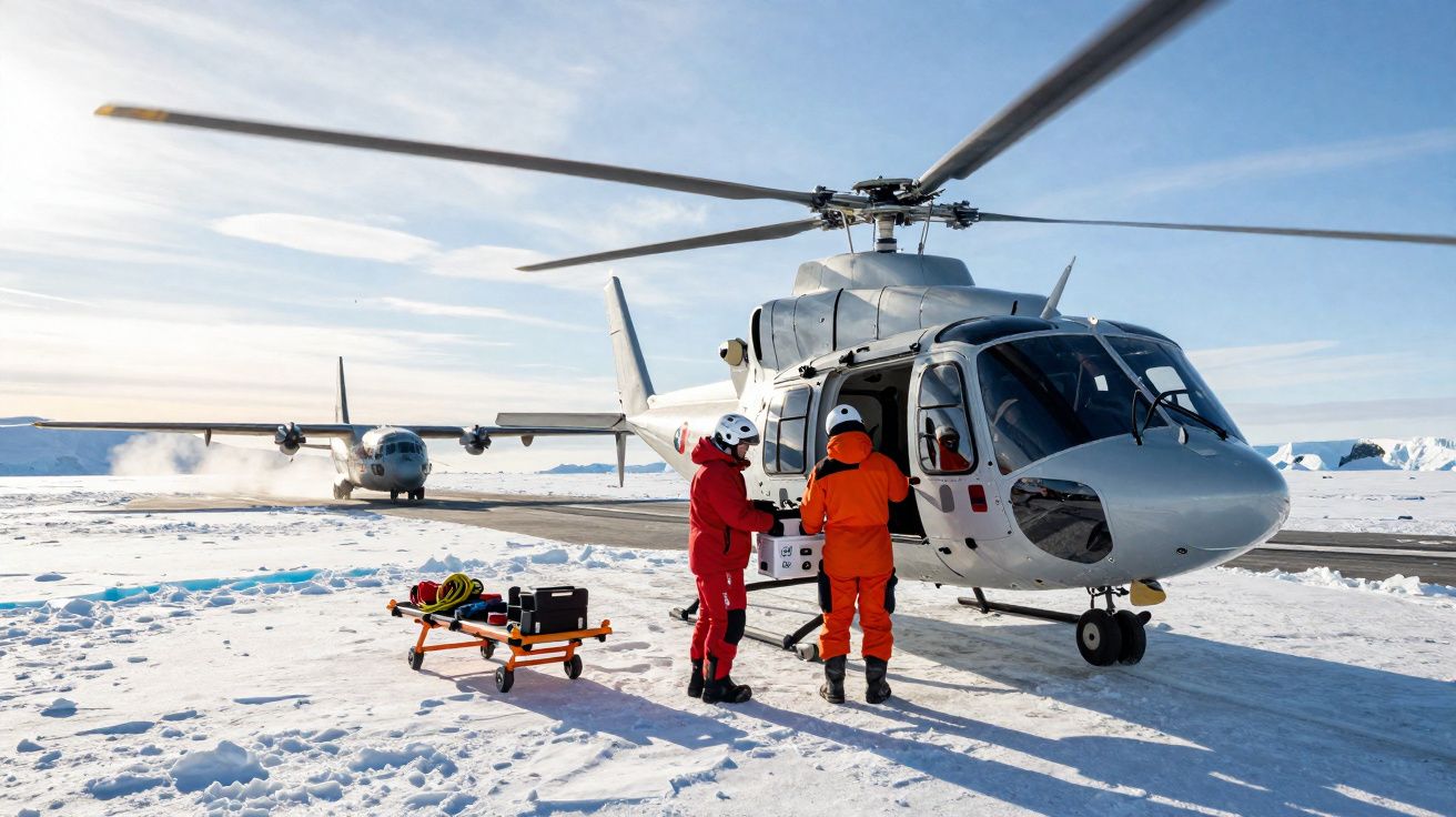 Dois profissionais em roupa de frio perto de helicóptero em pista coberta de neve com avião ao fundo.