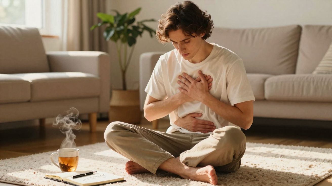 Jovem sentado no chão com expressão de dor, segurando o peito e o estômago numa sala iluminada.
