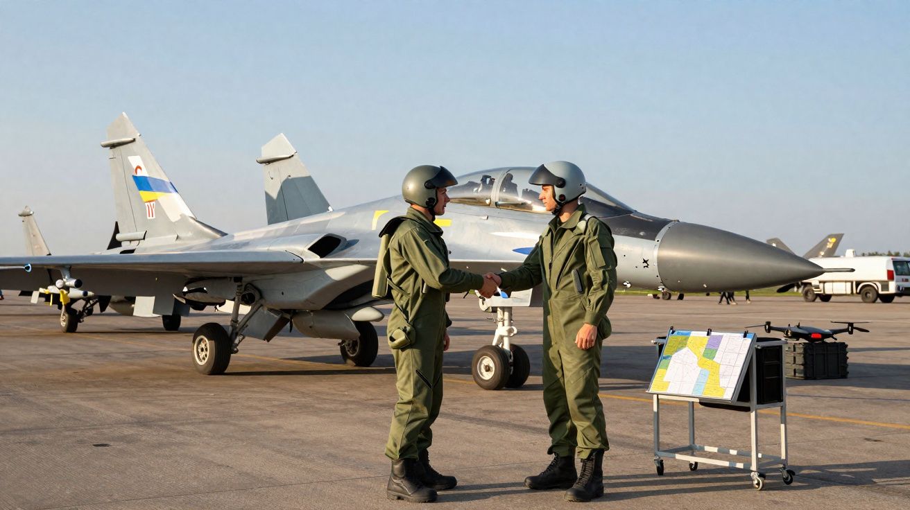 Dois pilotos militares de farda e capacete apertam as mãos junto a um caça estacionado numa pista de aeroporto.