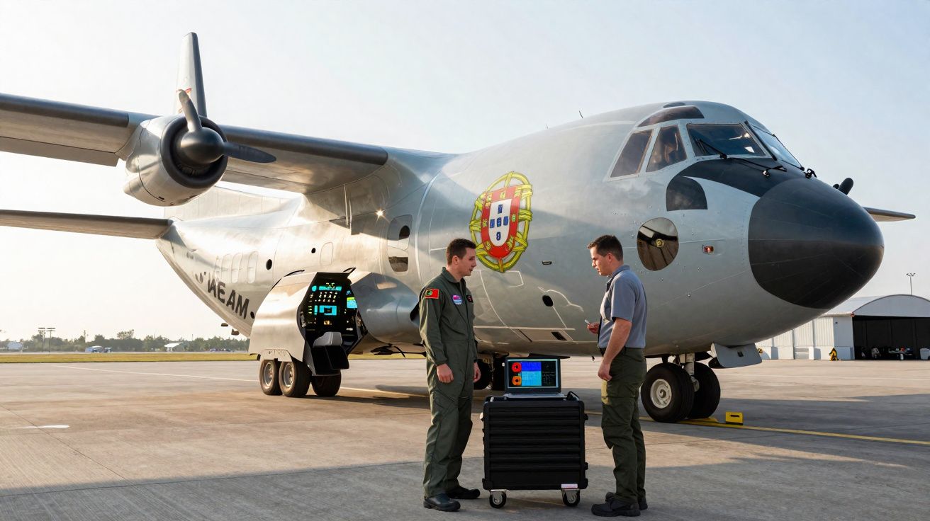 Dois militares ao lado de avião militar português estacionado em pista de aeroporto.