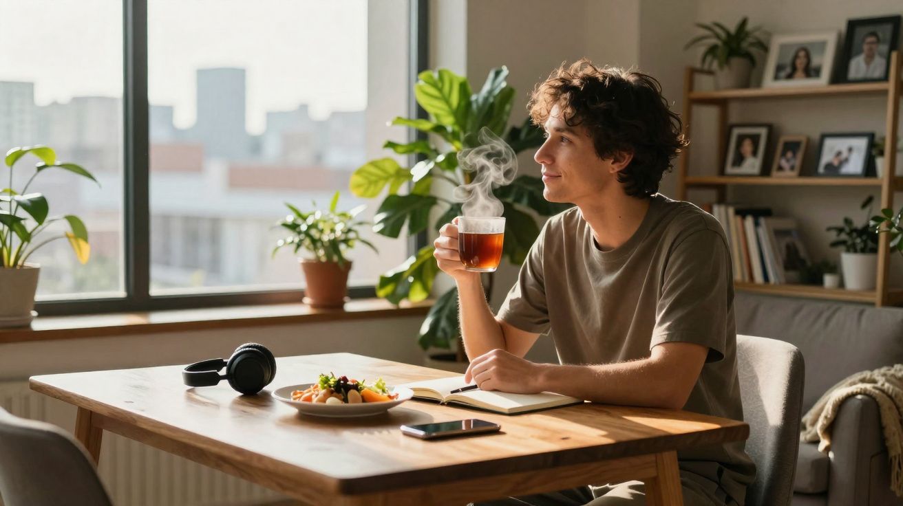Jovem sentado numa mesa, a beber chá quente e a olhar pela janela numa sala luminosa com plantas.
