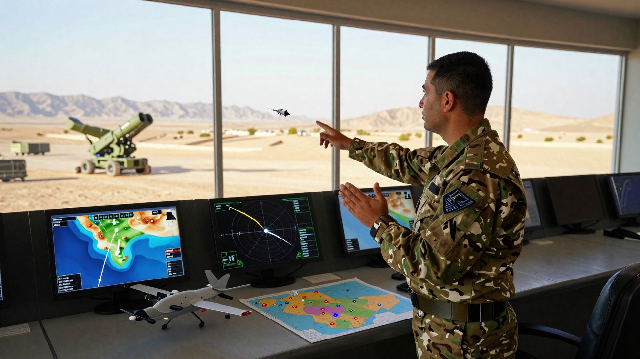Militar em uniforme camuflado opera controlo de drone num centro de comando com monitores e mapa.