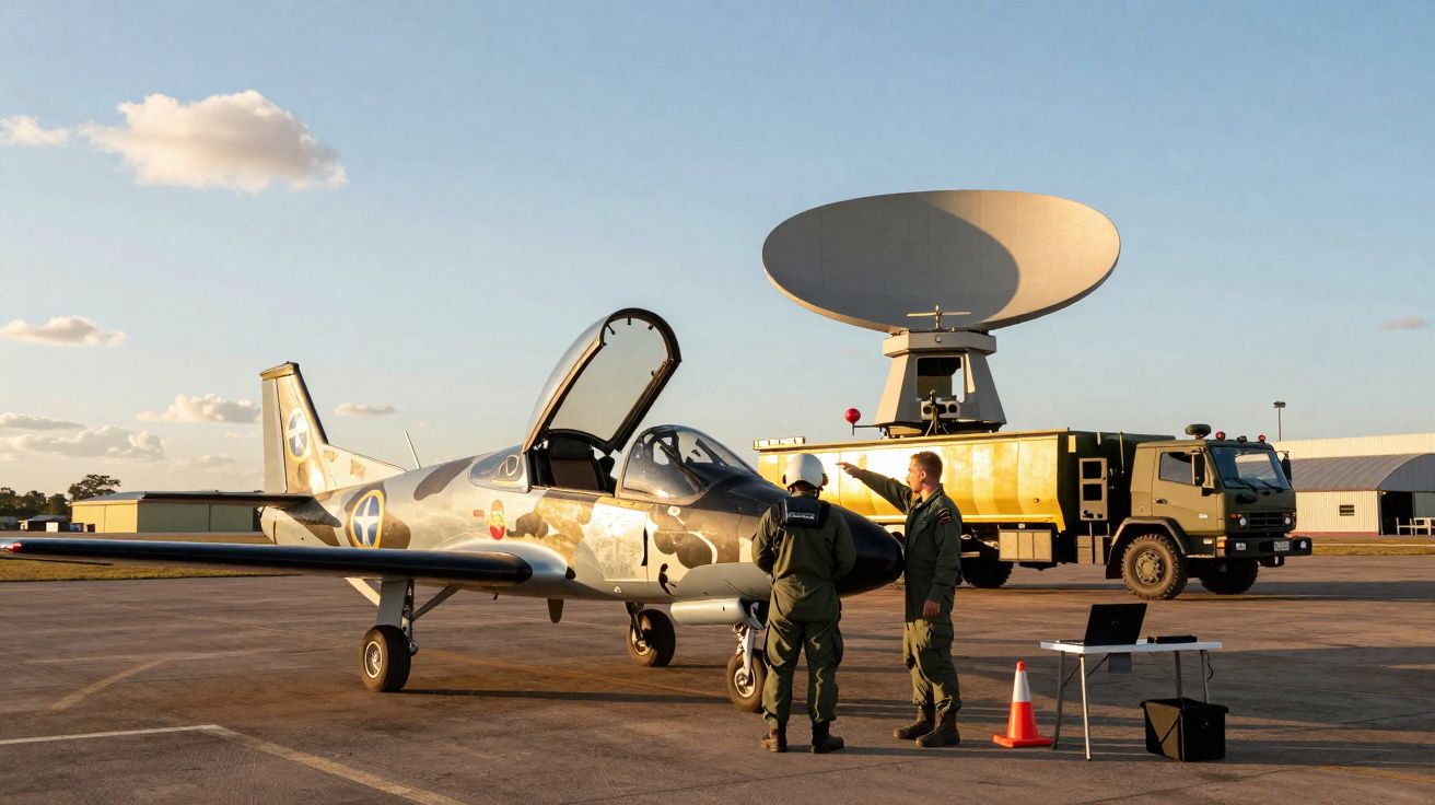 Dois militares junto a avião militar com cabine aberta e camião com antena parabólica no aeroporto.